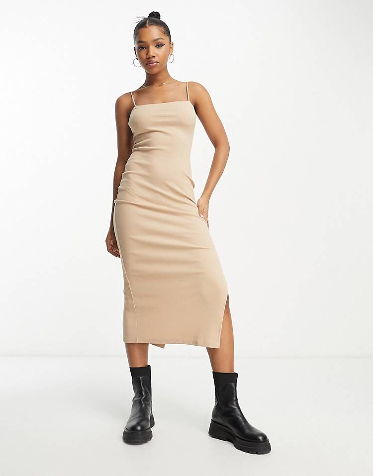 Miss Selfridge strappy midi dress with split detail in sand